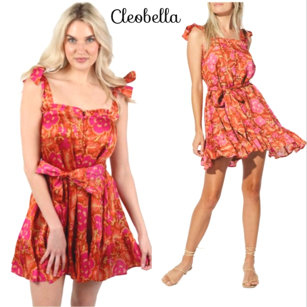 Nwot Cleobella Rowen Pink/Orange Floral Covered Button Front Ruffled Mini Dress